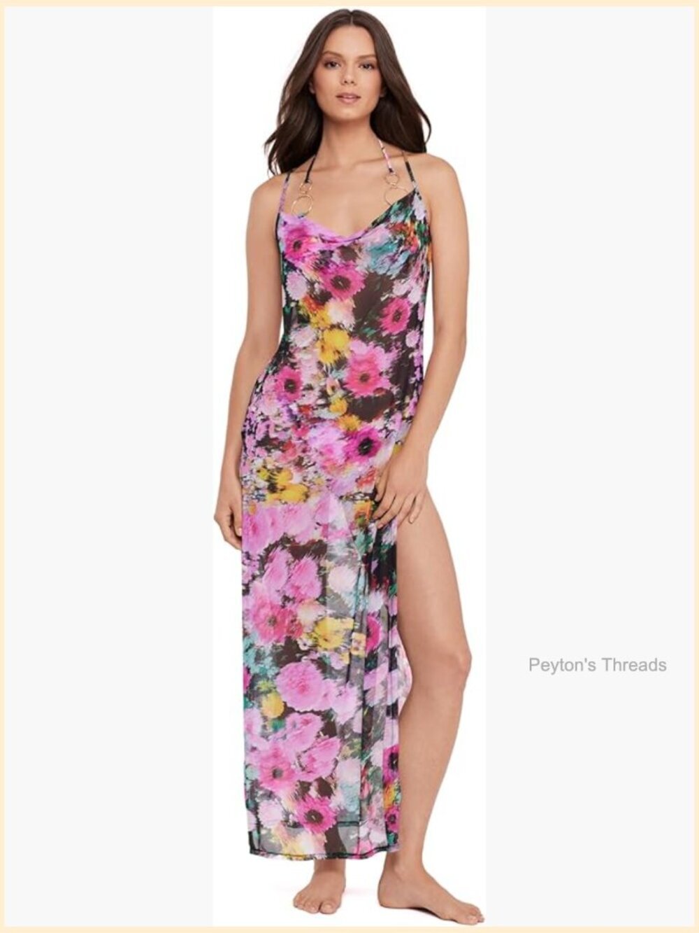 Mesh Cowl Neck Coverup Maxi Dress with High Slits